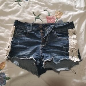 Dark Wash Jean Shorts with Lace Accents